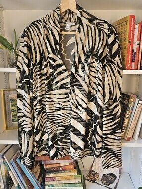 Vintage Joseph Ribkoff Blouse Zebra Print Black Cream Gold Top Size XL / 16 Glam